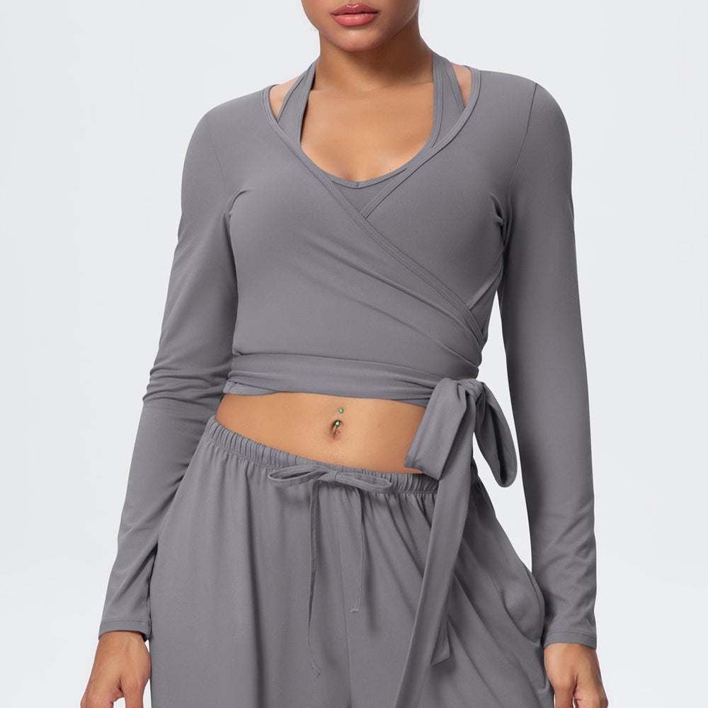 New brushed fabric tie-up long sleeve sports bra with open back, drawstring wide-leg loose pants, outdoor casual fitness outfit
