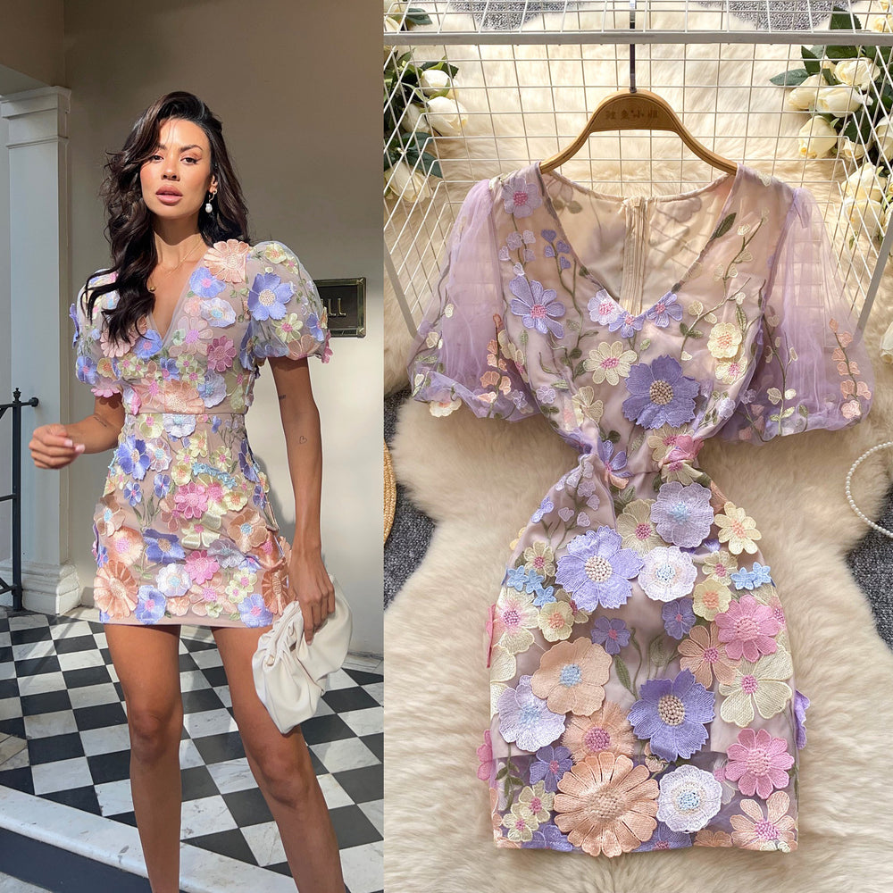 French style outfit for women french palace heavy industry embroider mesh puff sleeves waist dress for women slimming lookelegantdress