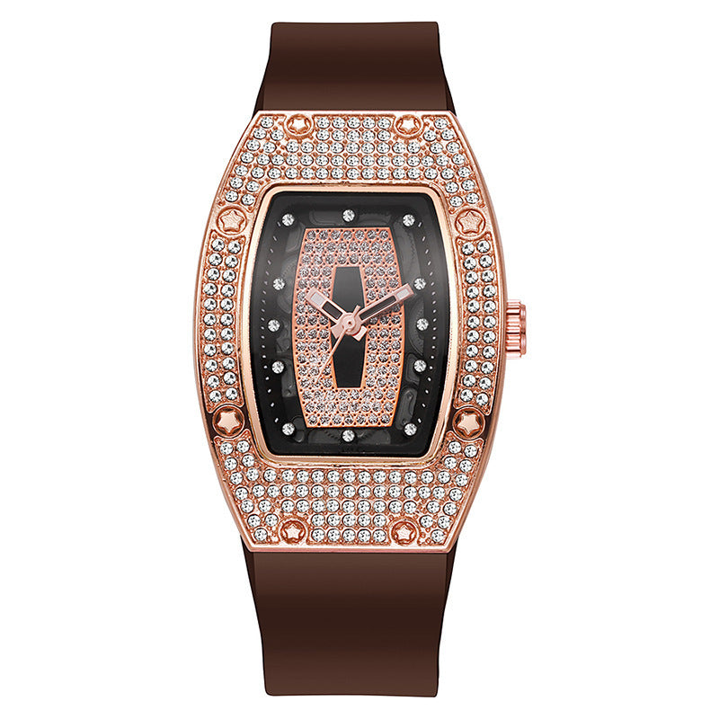 Honghong wine barrel-shaped diamond-encrusted quartz tape women's watch fashiontrendyelegant women's watch silicone watch wholesale
