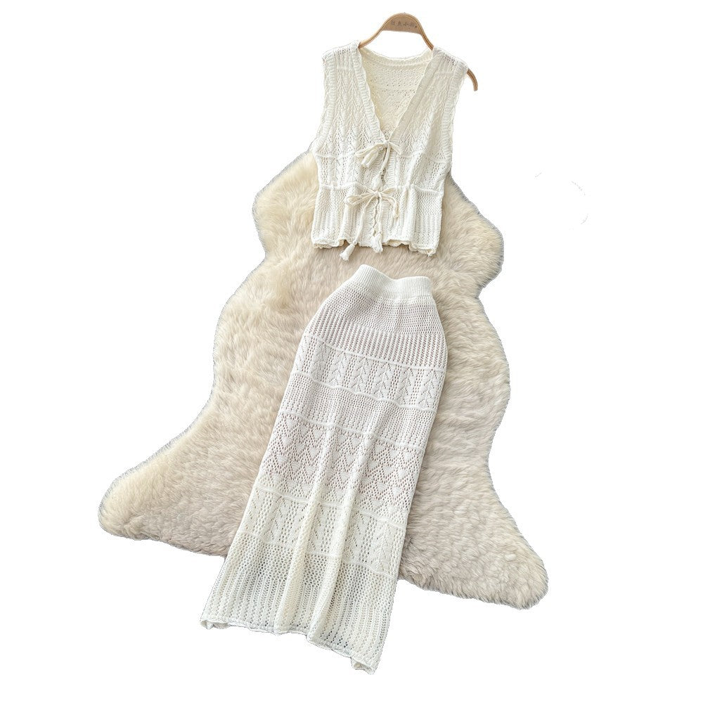 summer hollow-out knit slim-fit two-piece set - women's retro sleeveless, slimming, elegant, and chic workwear outfit