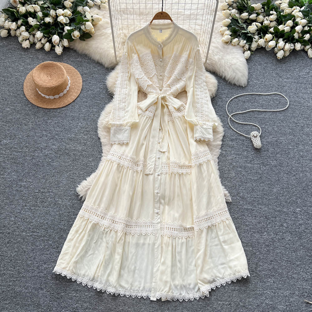 Vintage court style lantern sleeve dress - women's summer hollow-out crochet single-breasted elegant mature lady long dress