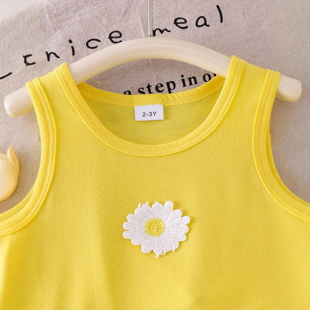 Ebay cross-border fashion girls' summer sleeveless yellow tank top + floral denim mini skirt ruffle set