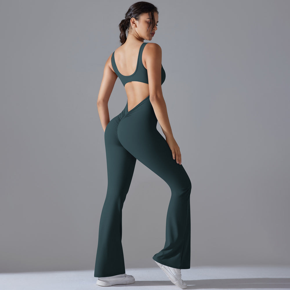 European and american cutout back bodysuit peach lift quick-dry tight workout gym outfit flare leg yoga jumpsuit for women