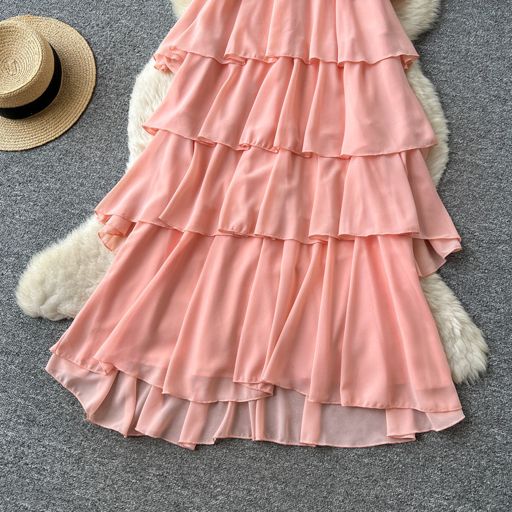 French sleeveless off-the-shoulder halter neck sexy dress - women's summer tiered ruffle cake dress - vacation style slimming maxi dress