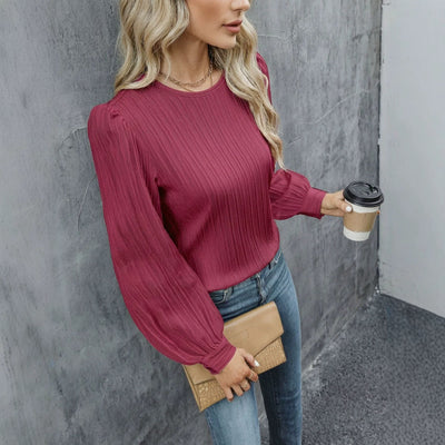 cross-border  fashion new spring autumn round neck lantern sleeve long sleeve solid color loose women's shirt