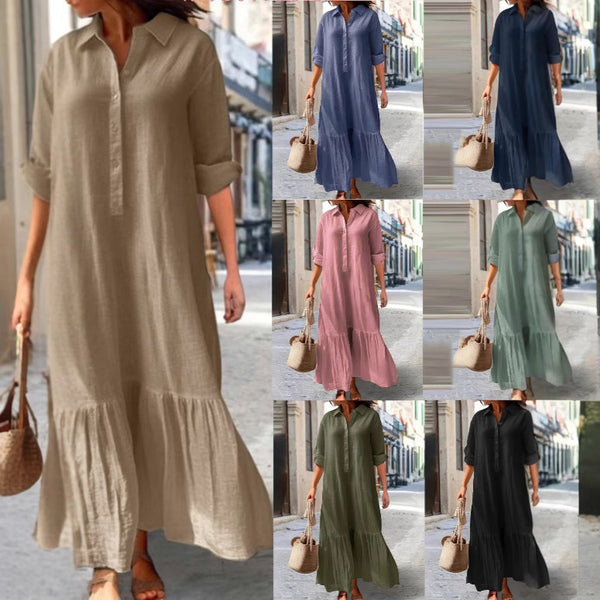 2025  Europe, America, autumn and winter new cotton and linen long irregular dress shirt collar button casual dress