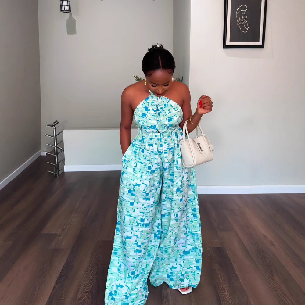 European and american cross-border women's winter  new sleeveless halter neck tie-up printed backless cinched waist wide leg jumpsuit