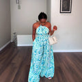 European and american cross-border women's winter  new sleeveless halter neck tie-up printed backless cinched waist wide leg jumpsuit