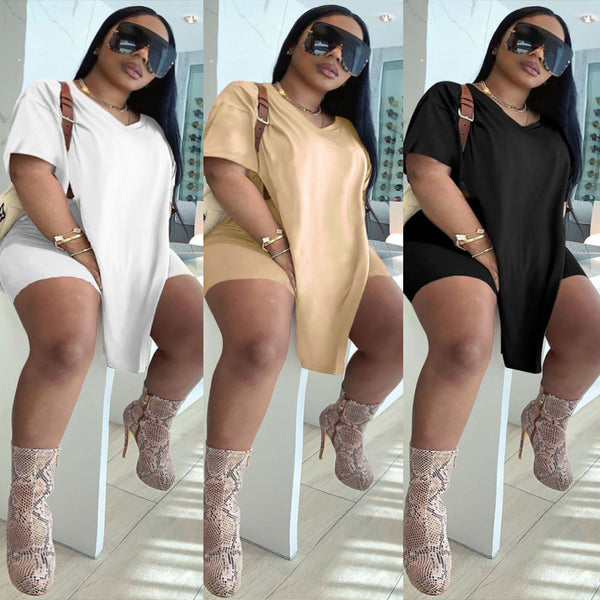 V2095 European and American high round neck split fork medium and long tops, shorts two-piece set