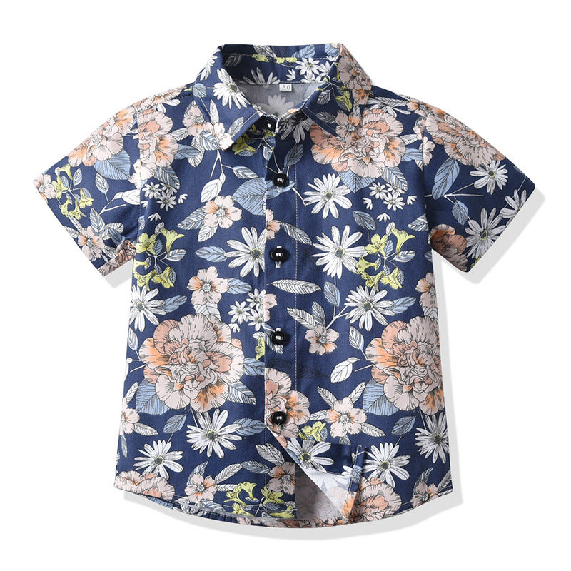 European and american cross-border children's clothing: dad & son vacation outfit, family matching beach style short-sleeve boy's floral shirt