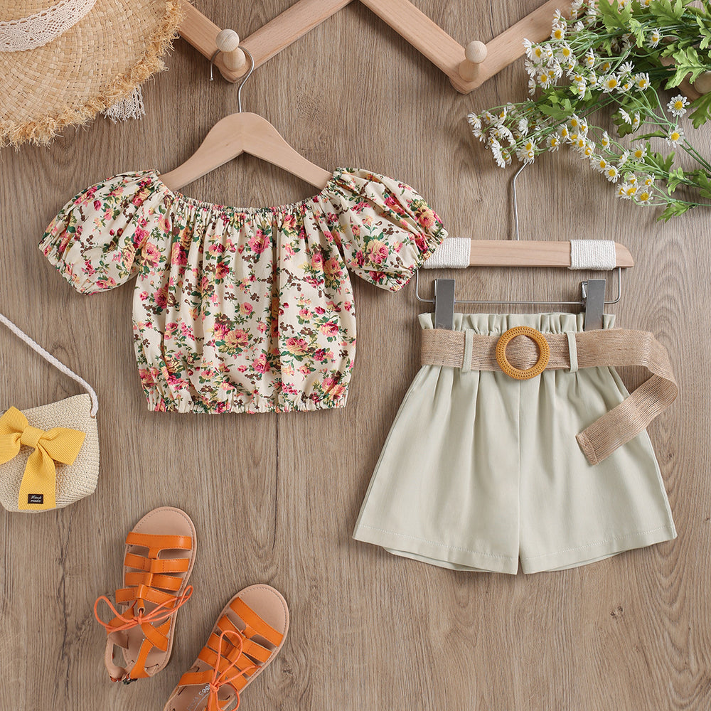 new summer collection: 100% cotton floral print stretch top with elasticated cuffs + woven shorts, includes linen belt - cross-border fashion for the us and europe