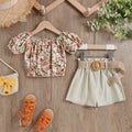 new summer collection: 100% cotton floral print stretch top with elasticated cuffs + woven shorts, includes linen belt - cross-border fashion for the us and europe
