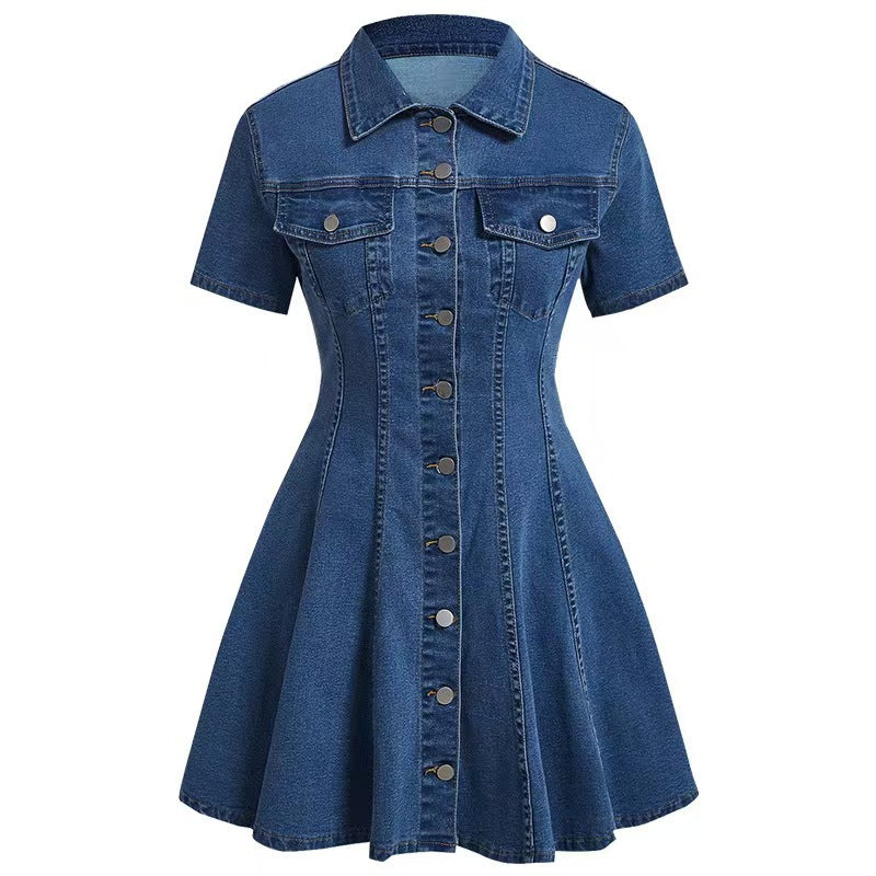 Fashion cross-border women's clothing   independent station new arrival denim short-sleeved cardigan waist dress for women