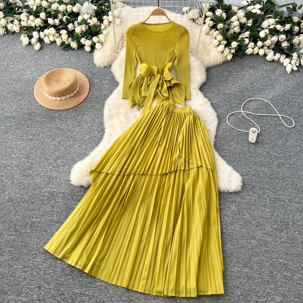 fashion style miyake pleated tie back waist asymmetrical hem pleated tops pleated skirt suit for women