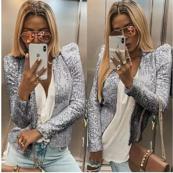 spring new arrival: european and american style fashion stand collar color block sequin jacket - short, casual, and versatile outerwear