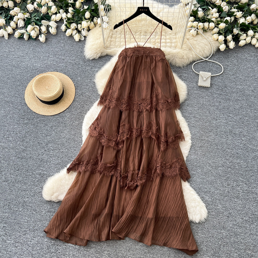 French chic sleeveless lace cami dress - summer sweetheart open back tiered maxi dress - slimming vacation style
