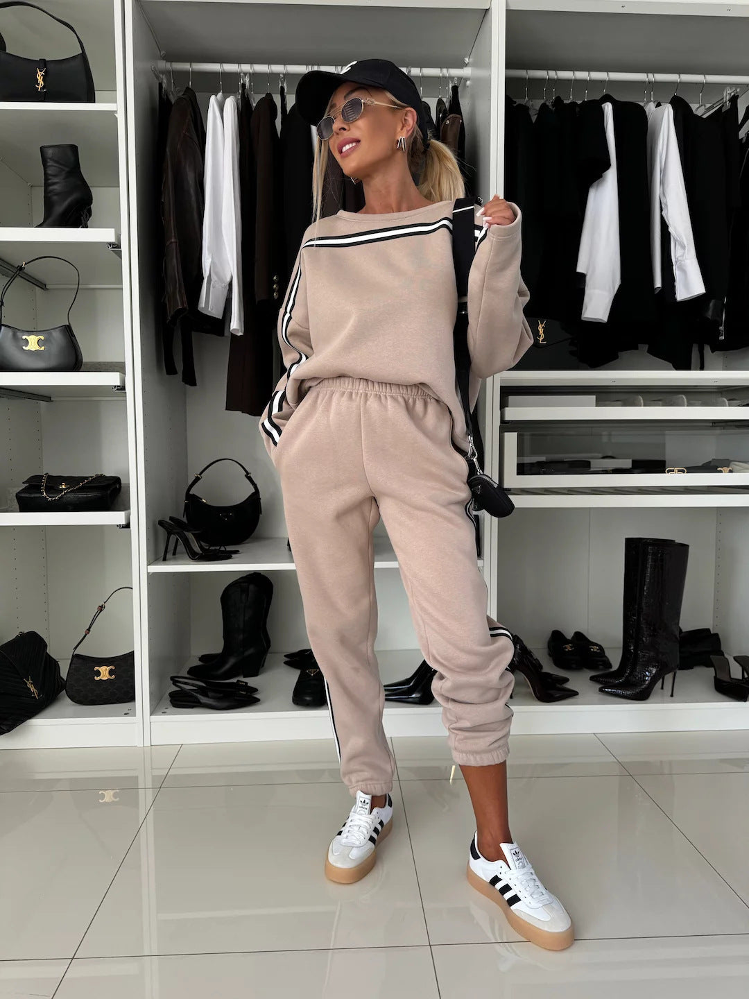 Europe, America and Autumn New Women's Casual Color Matching Set Crew Neck Long Sleeve Sweater Sports Elastic Pants Two-piece Set