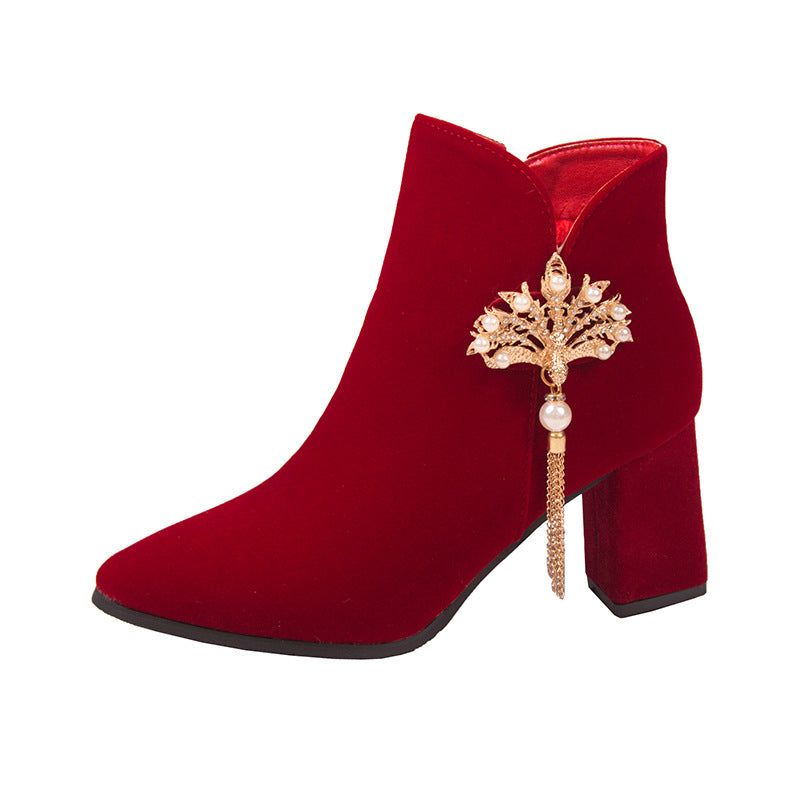 2024fall and winternew arrival thick heel fashion short boots engagement toast red bridal boots xiuhe chinoiserie high heel wedding boots for women