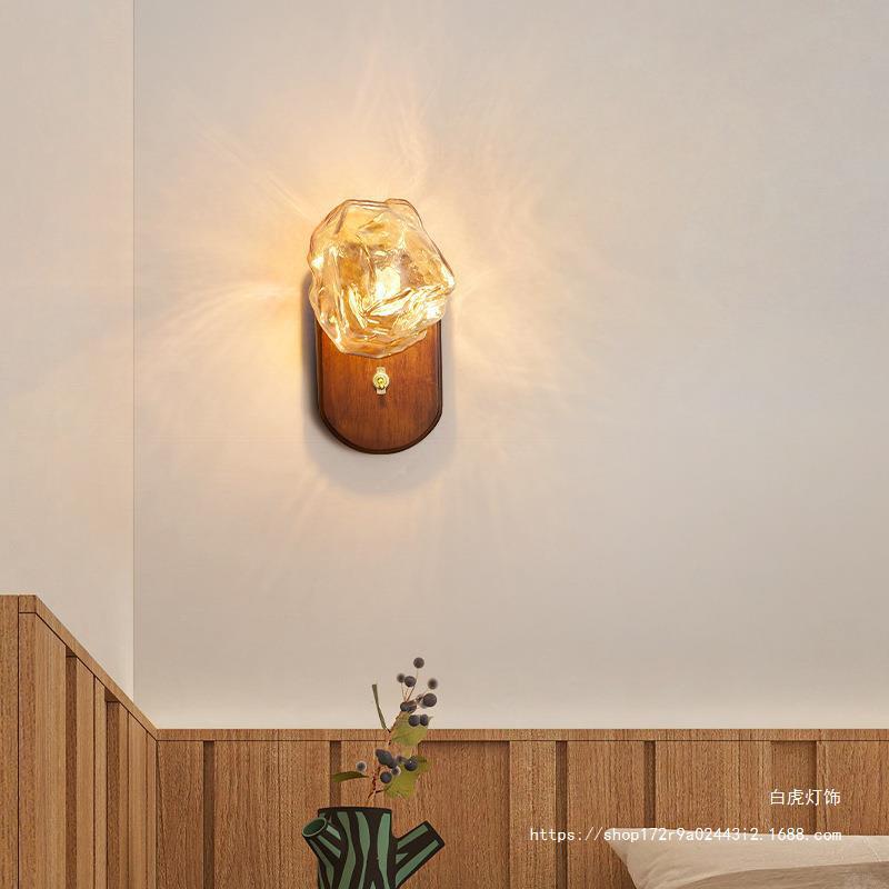 Cross-border special supply for Nordic simple ice cube glass wall lamp solid wood bedroom bedside aisle ambient lighting manufacturers wholesale