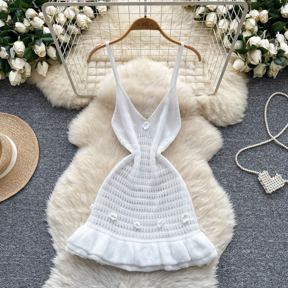 Pure desire sexy hot girl suspender hip skirt summer design sense stereo flower waist ruffles knittingdress
