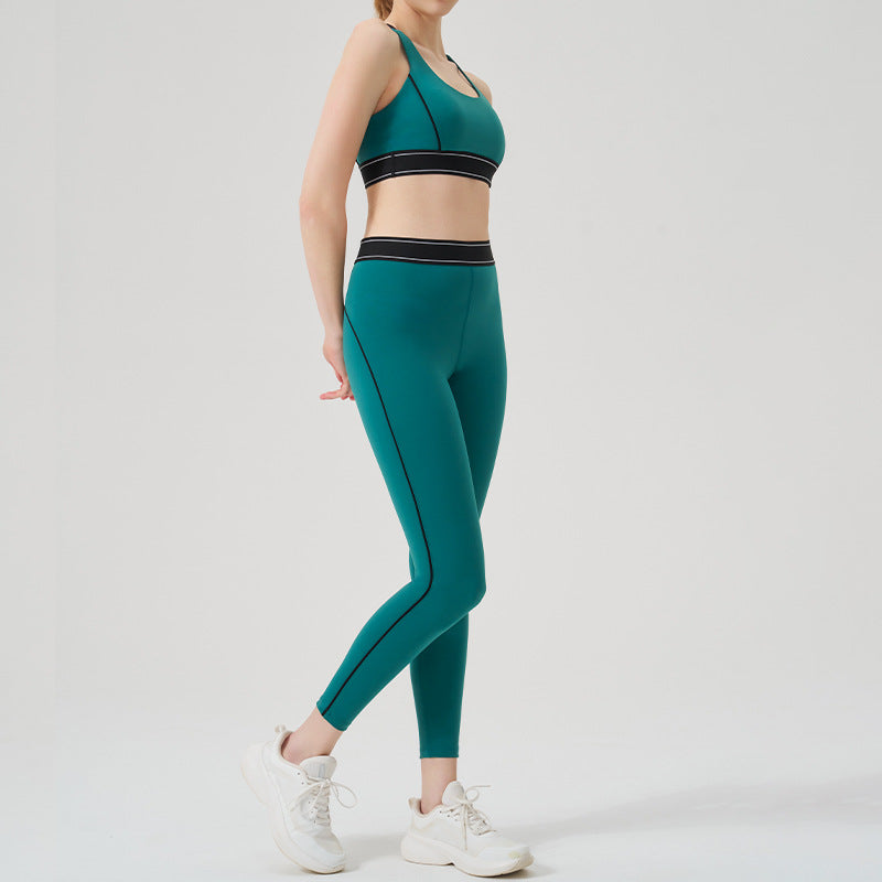 High-waisted activewear set for women - color block, open back, body-hugging, barely-there feel yoga set - running, fitness, yoga outfit with sports bra