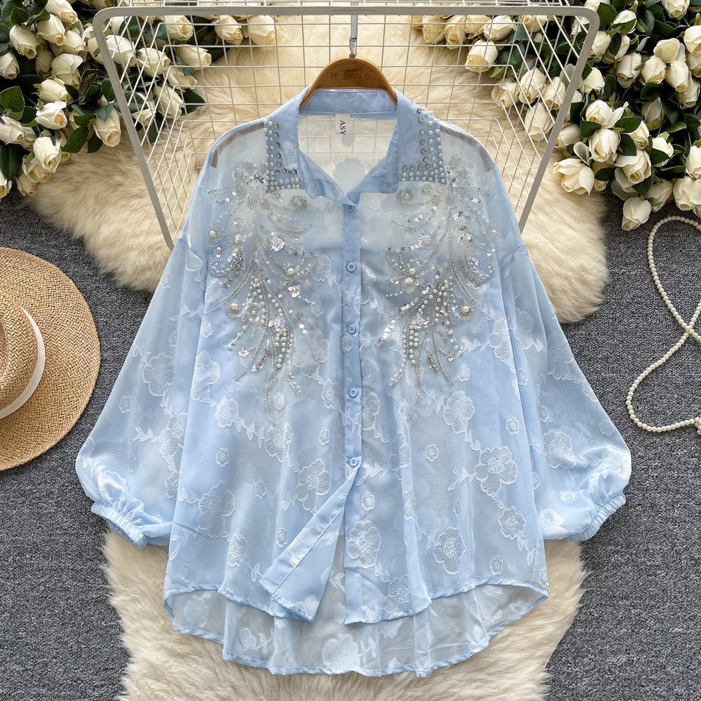 Luxury-inspired, heavily embellished beaded & sequined embroidered lantern sleeve blouse - women's summer lightweight, loose-fit outerwear long sleeve top