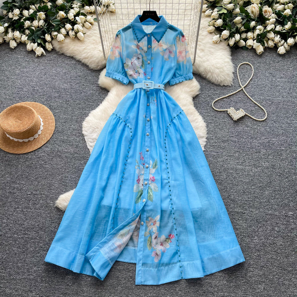 Elegant bubble sleeve floral embroidered dress - women's summer korean style a-line dress with cinched waist - soft & chic for work or play
