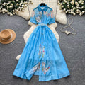 Elegant bubble sleeve floral embroidered dress - women's summer korean style a-line dress with cinched waist - soft & chic for work or play