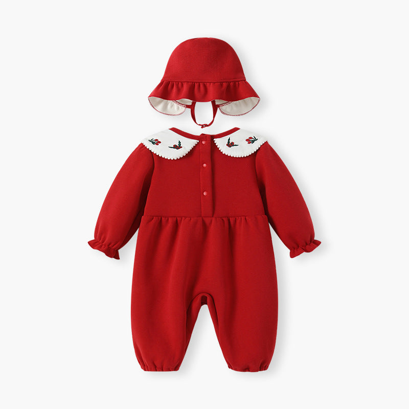 Newborn baby clothes 100-day celebration bodysuit romper one-year-old red fleece-lined long sleeve crawling suit autumn/winter