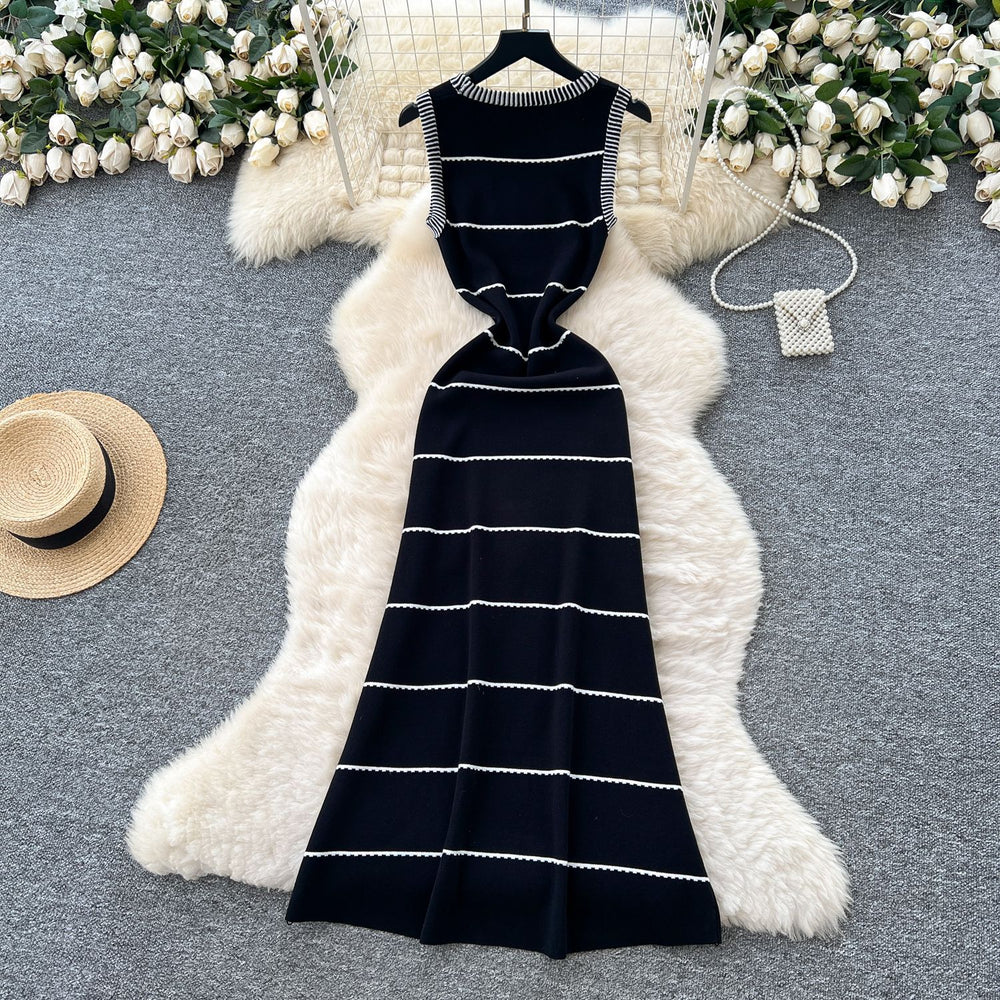 Dopamine pure desire style stripesknitting sleeveless dress women's summer silmslimming look street stunning chic long skirt