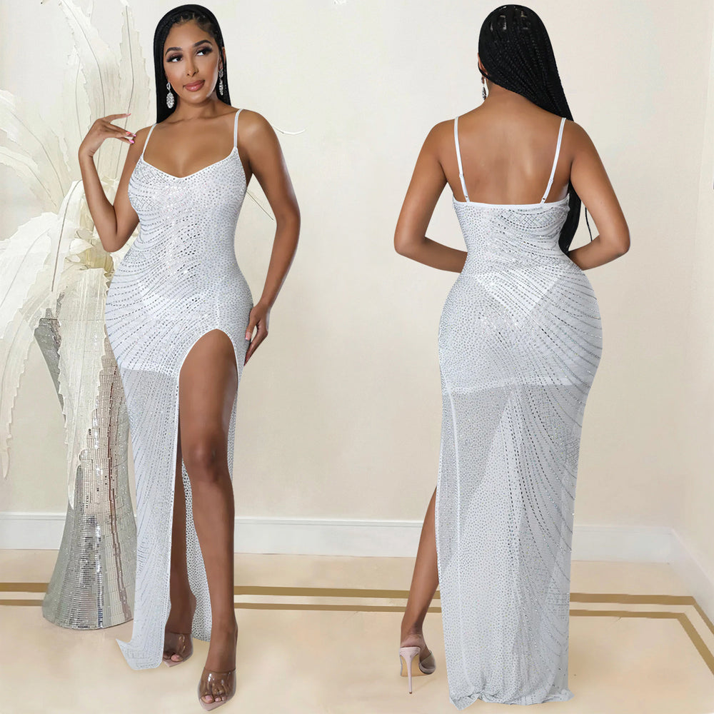 C5915   nightclub hot diamond sexy suspender mesh see-through irregular slit long skirt dress