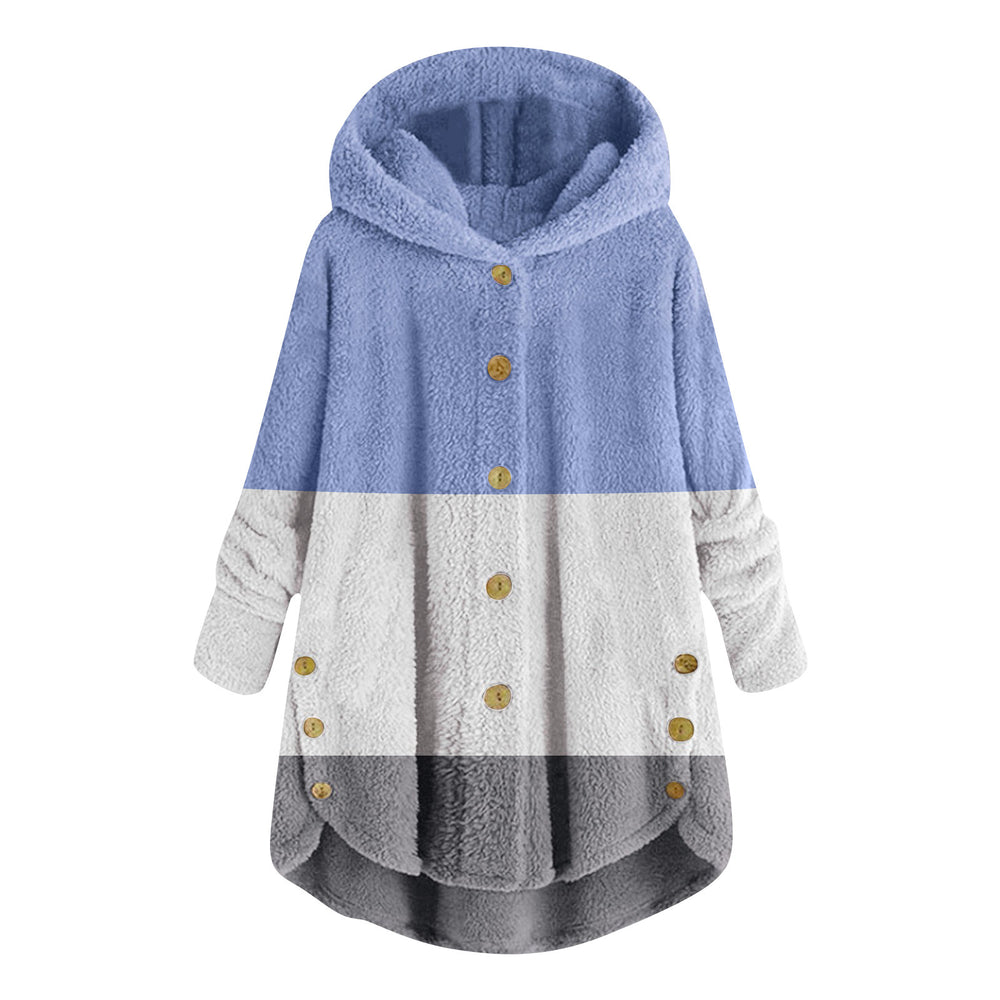 new fashion women's european and american button-down plush top color block multi-color hooded jacket