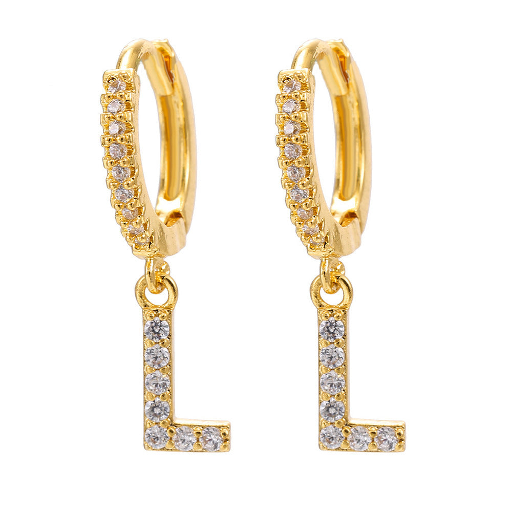 European and american gold-plated micro-paved zircon 26-letter initial pendant earrings - fashionable, unique, high-end, and chic hoop earrings with tassel detail