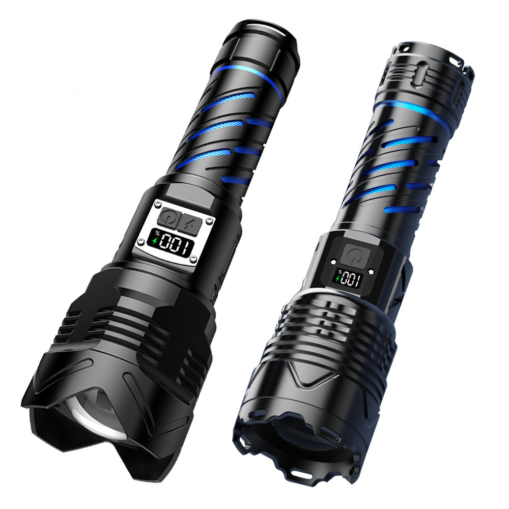 Cross-border new upgraded digital display strong light flashlight, charging super bright double open outdoor special telescopic flashlight