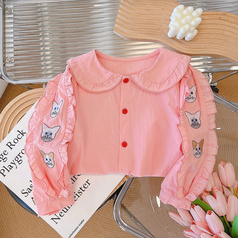 spring/autumn new collection: pure cotton embroidered girls' blouse - long sleeve baby doll collar shirt with turn-down collar