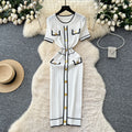Xiaoxiangfengclassyfashionablecontrast colormetal bucklesilmslimming lookdress women's summer waistelegantsweater skirt