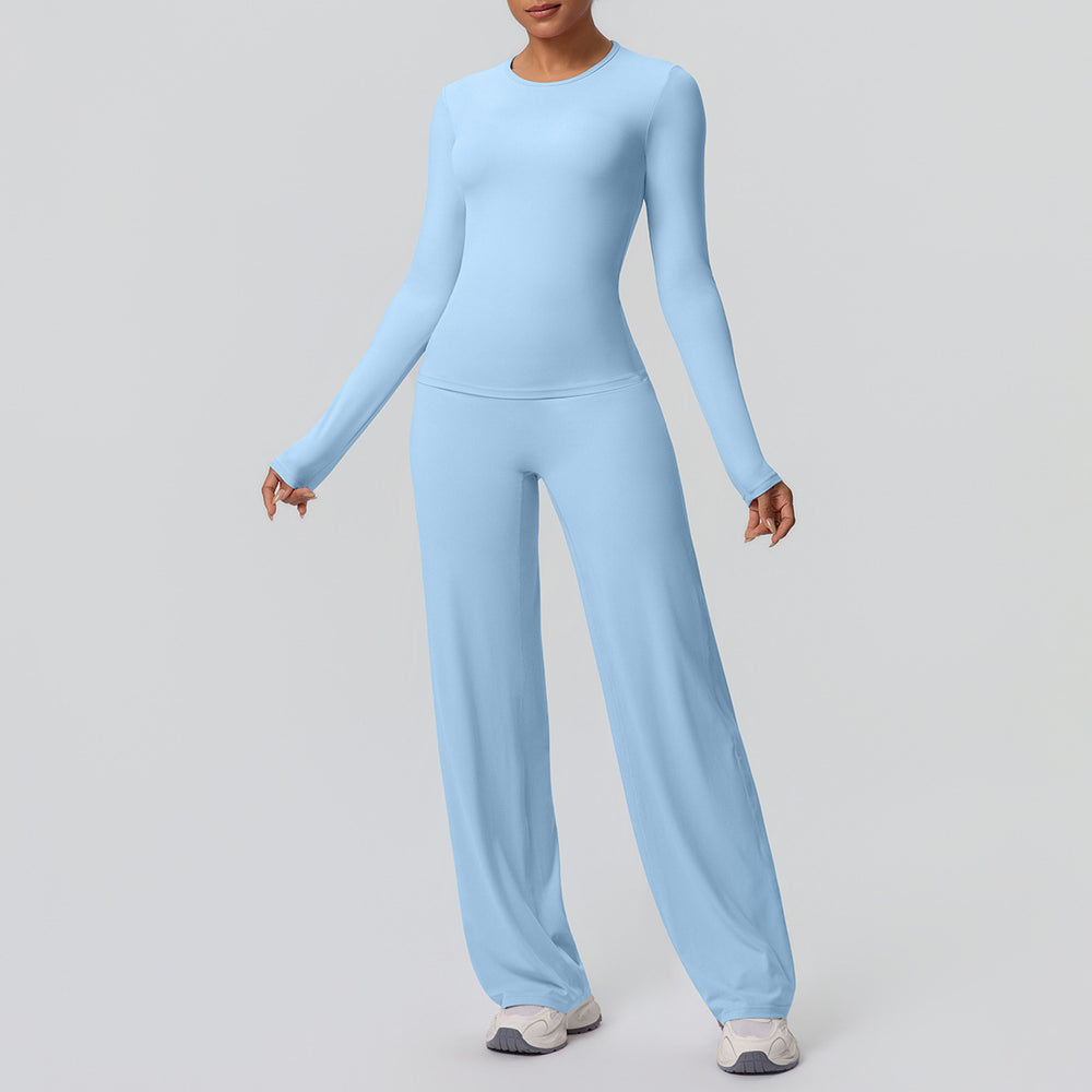 double-sided brushed pure color tight training long sleeves wide-leg yoga suit sports running fitness two-piece set