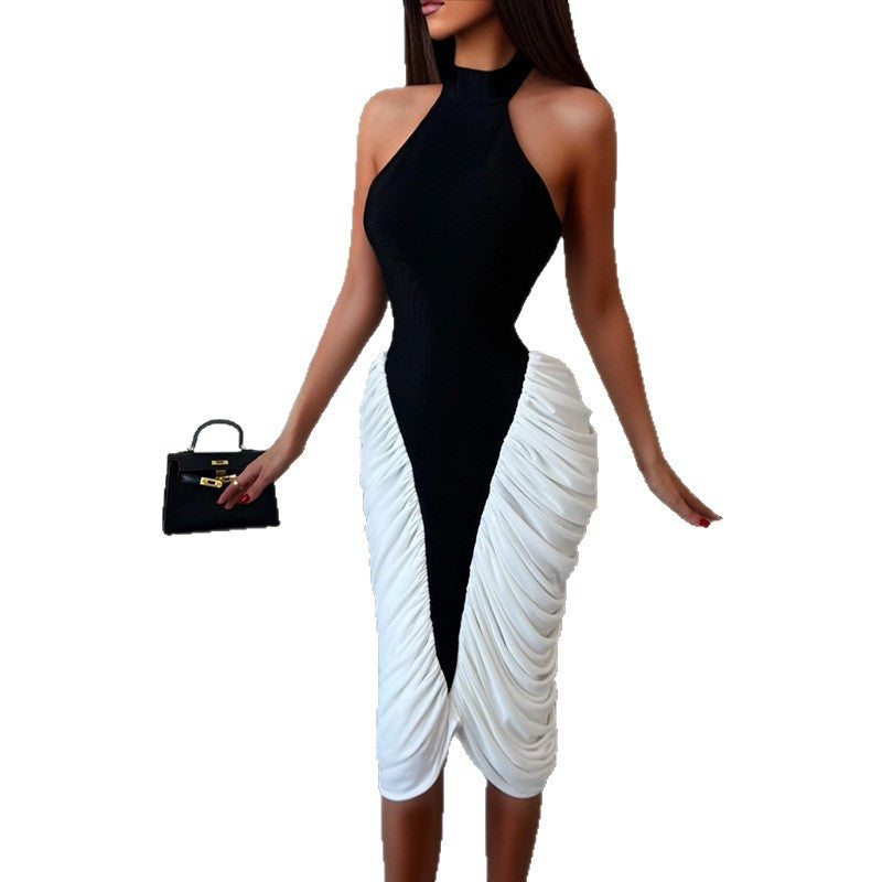 European and american style women's foreign trade black and white color block fashion design bodycon dress - sleeveless halter neck maxi dress for work and casual wear