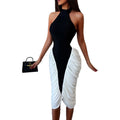 European and american style women's foreign trade black and white color block fashion design bodycon dress - sleeveless halter neck maxi dress for work and casual wear