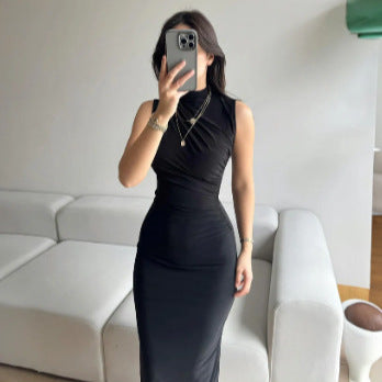 Independent station hot sale,  black sleeveless turtleneck pleated slim split dress, European and American style elegant temperament