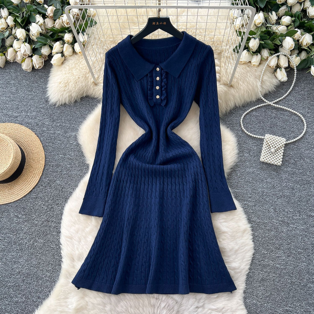 Celebrity niche styleclassy sense lapel fungus edgepatchworklong sleevesknittingdress women's autumn waist slimming looksweater skirt