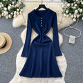 Celebrity niche styleclassy sense lapel fungus edgepatchworklong sleevesknittingdress women's autumn waist slimming looksweater skirt