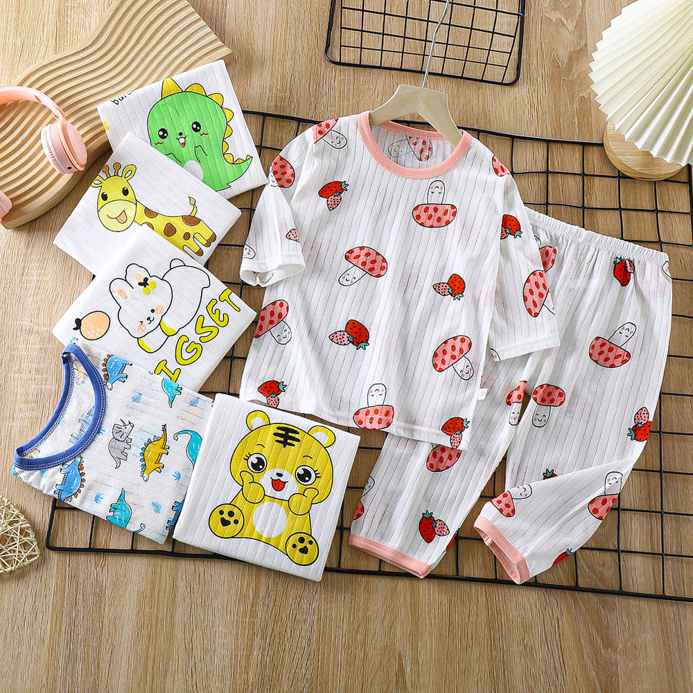 Kids' 100% cotton loungewear set - lightweight, breathable, three-quarter sleeve, air conditioning suit for boys and girls, baby summer long-sleeve pajamas