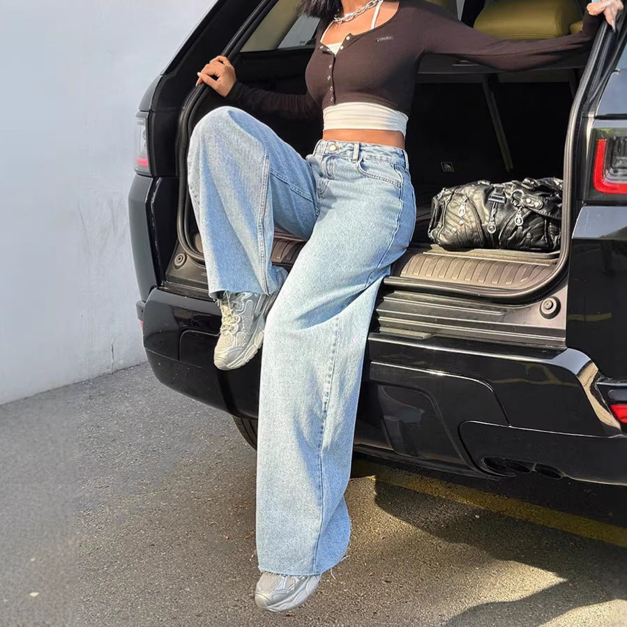 Fashionloosejeans women's new hot selling stylish street raw edge workwear pants washed fashion raw edge jeans