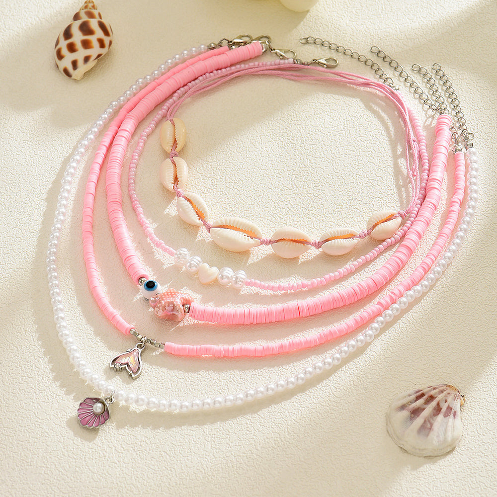 Wholesale pink shell necklace - european and american style, beach vacation vibe, fashionable beaded starfish pearl layered necklace for women