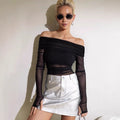 fall/winter new arrival: european and american style women's solid color slim-fit fashion one-shoulder mesh long sleeve top