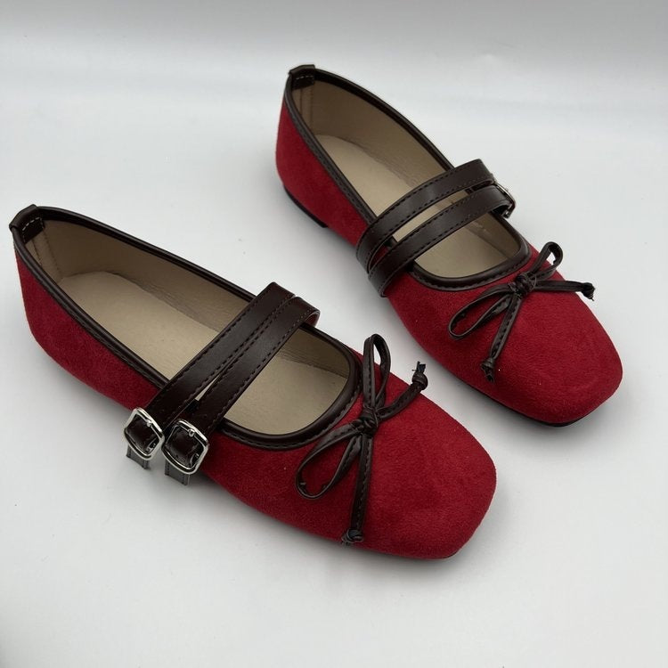 Export autumnew arrival square toe one-piece buckle flat heel shoes cross-border large size bows women's single shoes wholesale
