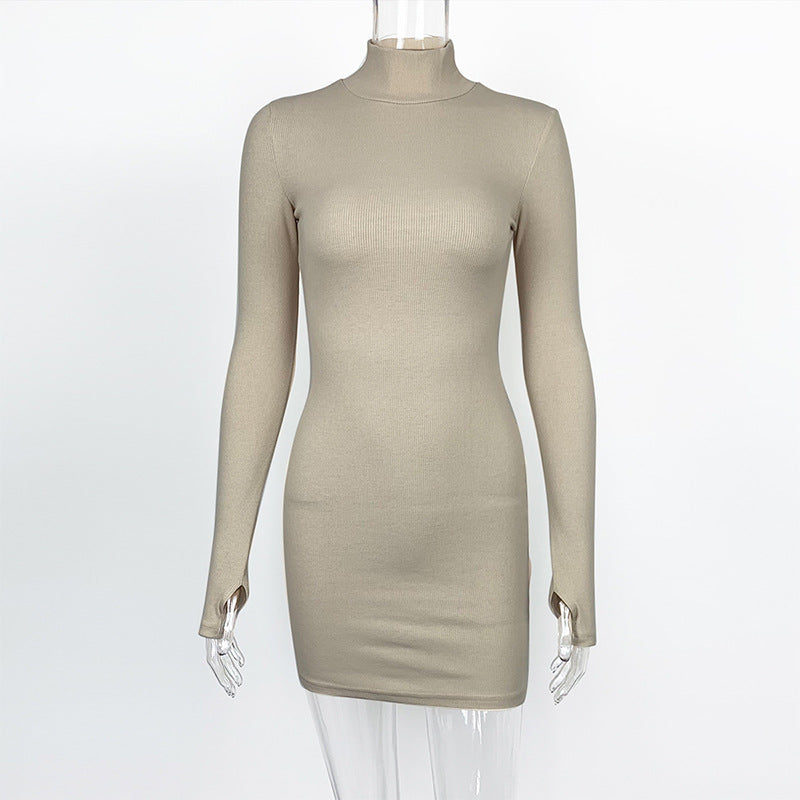 2025  spring new women's clothing European and American sexy tight and thin hip skirt threaded long-sleeved turtleneck dress