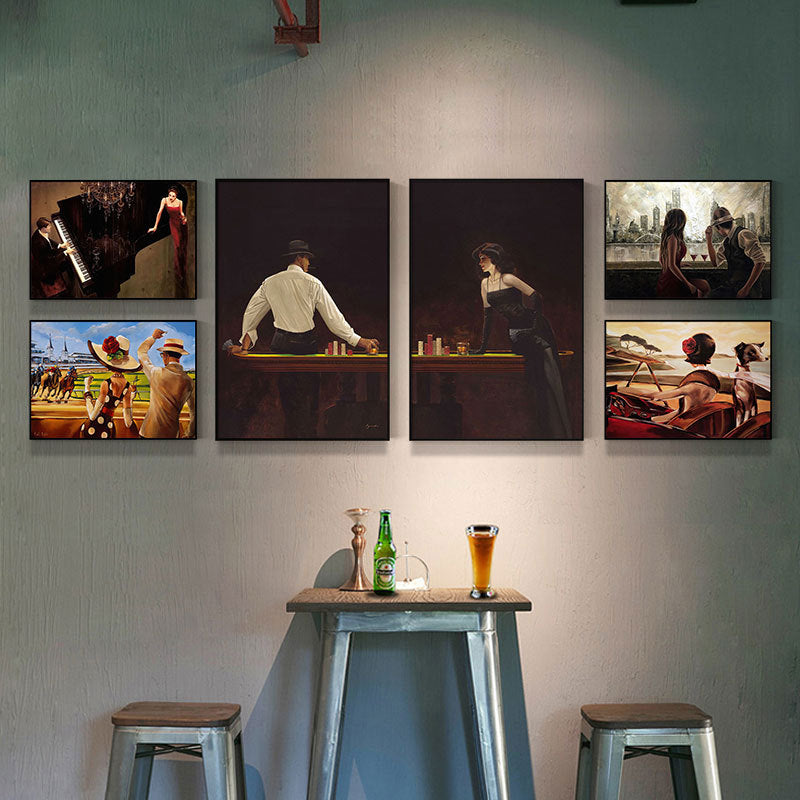 Bar decorative painting industrial style retro nostalgic beautiful woman oil painting box sofa background wall western restaurant red wine hanging painting