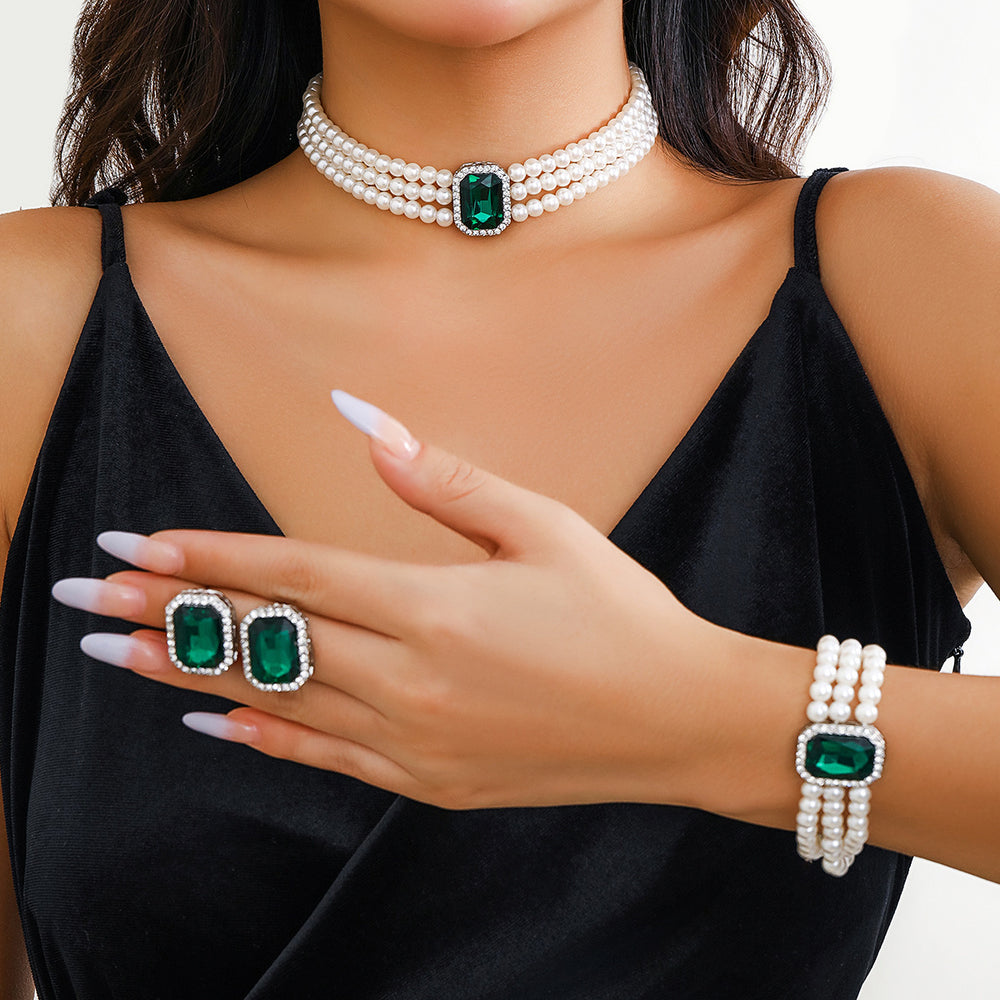 Imitation pearl necklace set wholesale - european & american cross-border jewelry - statement luxury gemstone choker necklace - vintage ring & bracelet set